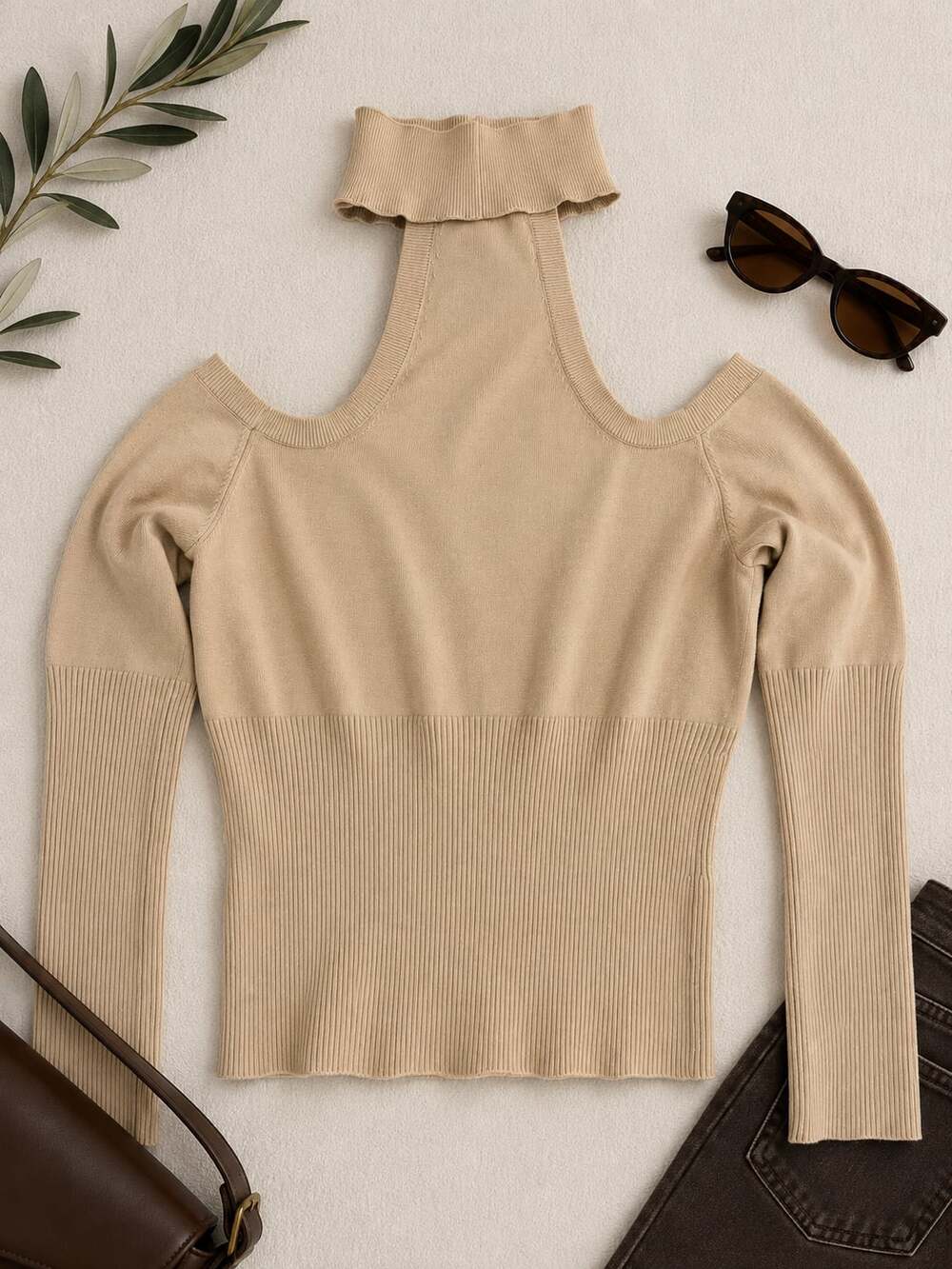 Jonathan Simkhai Cold Shoulder Choker Knit Top Beige Ribbed Size M Designer - Picture 3 of 8
